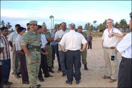 LTTE Sea Tigers Special Commander Col. Soosai talking to SLMM officials at Mullaithivu shore